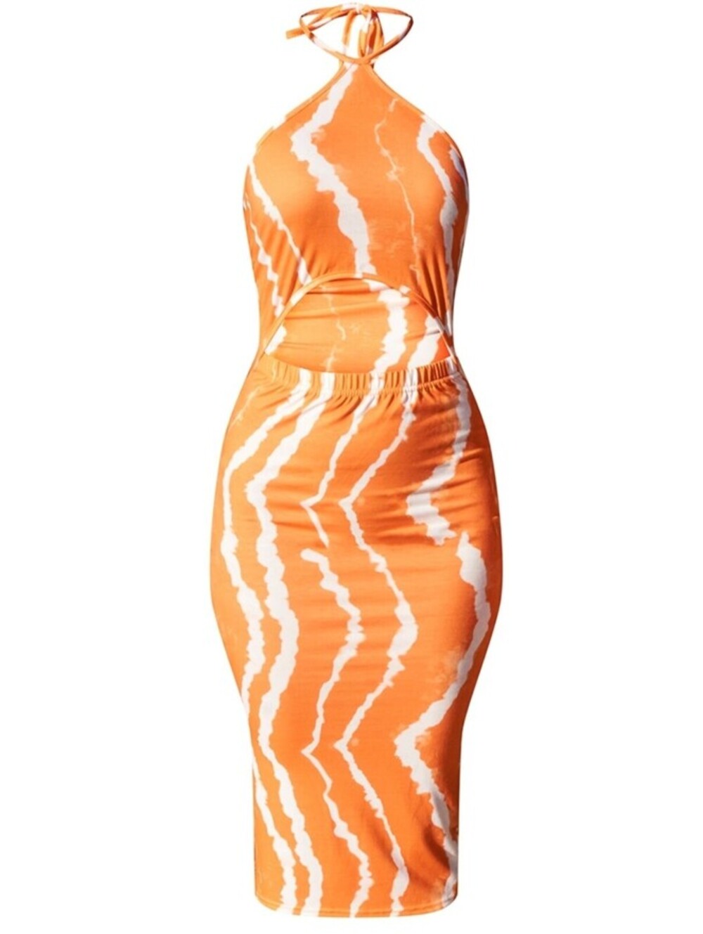 PRETTYLITTLETHING Orange Tie Dye Halterneck Cut Out Midi Dress Sz.12 (16UK) NEW
